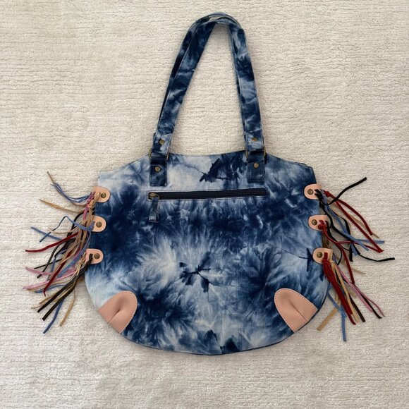 Tie-Dye Dog Print Corduroy Tote Bag With Fringe Details Zipper Pocket - Picture 3 of 13